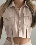 Turn down Collar Buttoned Pocket Design Top & Shorts Set