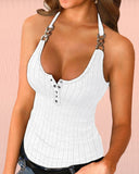 Halter Buttoned Chain Decor Ribbed Tank Top