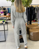 Lapel V neck Collar Shirred Drawstring Waist Jumpsuit