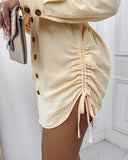 Side Drawstring Buttoned Roll Up Sleeve Shirt Dress