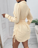 Side Drawstring Buttoned Roll Up Sleeve Shirt Dress