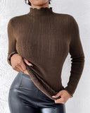 Fleece Lined Stand Collar Long Sleeves Frill Hem Sweater Thermal Fall and Winter Top