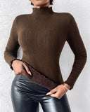 Fleece Lined Stand Collar Long Sleeves Frill Hem Sweater Thermal Fall and Winter Top