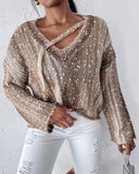 Ombre V Neck Contrast Sequin Drop Shoulder Knit Sweater