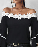 Contrast Lace Bell Sleeve Off Shoulder Top