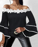 Contrast Lace Bell Sleeve Off Shoulder Top