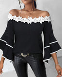 Contrast Lace Bell Sleeve Off Shoulder Top