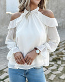 Pearls Decor Ruffles Cold Shoulder Top