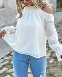 Pearls Decor Ruffles Cold Shoulder Top