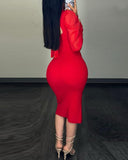 Crewneck Puff Sleeve Backless Tied Detail Midi Dress Slit Slim Fit Party Club Bodycon Dress