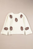 White Colorblock Floral Pattern Round Neck Sweater