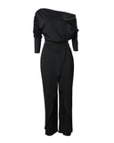 Ruched Skew Neck Split Hem Wide Leg Jumpsuit