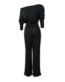 Ruched Skew Neck Split Hem Wide Leg Jumpsuit