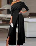 Ruched Skew Neck Split Hem Wide Leg Jumpsuit