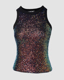 Allover Sequin O neck Sleeveless Tank Tops Slim Fitted Shirt