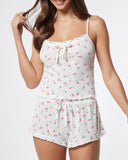 2 Piece Floral Cherry Print Frill Hem Cami Top Tied Detail Shorts Sleepwear Pajamas Set