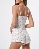 2 Piece Floral Cherry Print Frill Hem Cami Top Tied Detail Shorts Sleepwear Pajamas Set