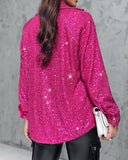 Allover Sequin Button down Long Sleeve Shirt Top