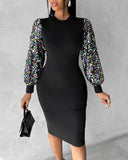 Contrast Sequin Lantern Sleeve Work Dress