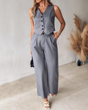 Striped Buttoned Vest Top & Pocket Design Pants Set