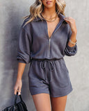 Stand Collar Long Sleeve Zip Up Drawstring Waist Romper