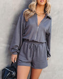 Stand Collar Long Sleeve Zip Up Drawstring Waist Romper