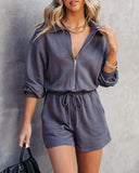 Stand Collar Long Sleeve Zip Up Drawstring Waist Romper