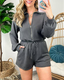 Stand Collar Long Sleeve Zip Up Drawstring Waist Romper