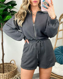 Stand Collar Long Sleeve Zip Up Drawstring Waist Romper