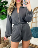 Stand Collar Long Sleeve Zip Up Drawstring Waist Romper