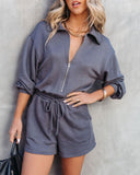 Stand Collar Long Sleeve Zip Up Drawstring Waist Romper