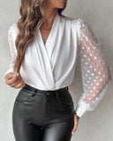 Dot Mesh Ruched V Neck Bodysuit