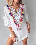 Tribal Embroidery Pom Pom Crochet Lace Casual Dress