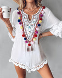 Tribal Embroidery Pom Pom Crochet Lace Casual Dress