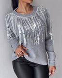 Round Neck Long Sleeve Sequin Tassel Design Knit Sweater