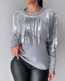 Round Neck Long Sleeve Sequin Tassel Design Knit Sweater