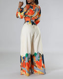 Colorblock V Neck Wide Leg Jumpsuit With Belt