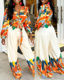 Colorblock V Neck Wide Leg Jumpsuit With Belt