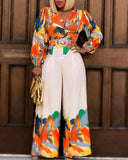 Colorblock V Neck Wide Leg Jumpsuit With Belt