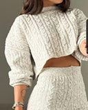 2 Piece Crewneck Long Sleeve Cable Knit Crop Sweater High Waist Shorts Tracksuits Outfits