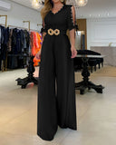 Pearls Studded Split Sleeve Wide Leg Jumpsuit