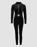 Velvet Zipper Design Ruched Long Sleeve Jumpsuit With Elastic Waistbelt