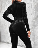 Velvet Zipper Design Ruched Long Sleeve Jumpsuit With Elastic Waistbelt