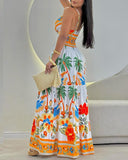 Tropical Print Striped Ruched V Neck Maxi Dress