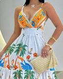 Tropical Print Striped Ruched V Neck Maxi Dress