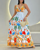 Tropical Print Striped Ruched V Neck Maxi Dress