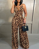 Leopard Print Chain Strap Plunge Jumpsuit