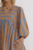 Khaki Stripe Contrast Striped Print 3/4 Sleeve Babydoll Plus Size Dress