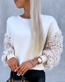 Contrast Sequin Fluffy Detail Long Sleeve Knit Sweater Casual Pullover Top