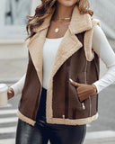 Pu Notched Collar Sleeveless Jacket Front Pocket Chain Fall and Winter Coat